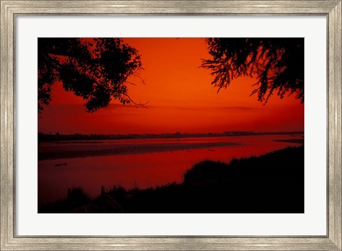 Framed Sunset on Mekong River and Boats, Laos Print