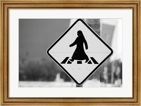 Framed Qatar, Ad Dawhah, Doha. Arabian Pedestrian Crossing Sign / Al-Corniche Street Print