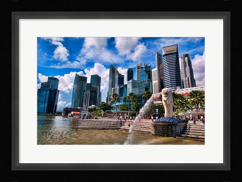 Framed Merlion, symbol of Singapore, and downtown skyline in Fullerton area of Clarke Quay. Print