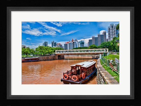 Framed Singapore skyline and tug boats on river. Print