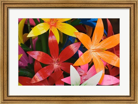 Framed Star shaped carved wooden flowers at market, Bo Sang, Chiang Mai, Thailand Print