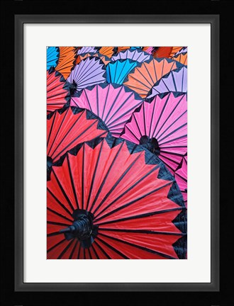 Framed Pattern of newly assembled decorative umbrellas drying in sun, Umbrella Making Center, Bo Sang, near Chiang Mai, Thailand. Print