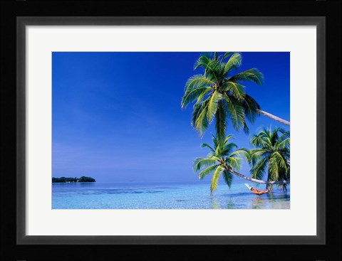 Framed Maldives, Felidhu Atoll. Man relaxing in hammock Print
