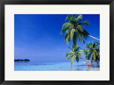 Framed Maldives, Felidhu Atoll. Man relaxing in hammock Print