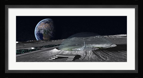 Framed domed crater is home to a lunar city Earth rises in the background Print