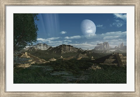Framed Artist&#39;s concept of Mayan like ruins on a ringed planet Print