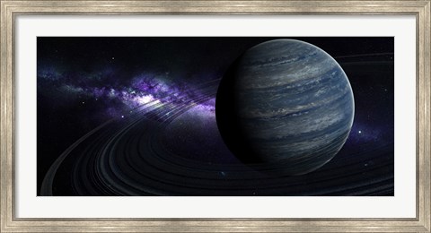 Framed Artist&#39;s concept of a blue ringed gas giant in front of a galaxy Print