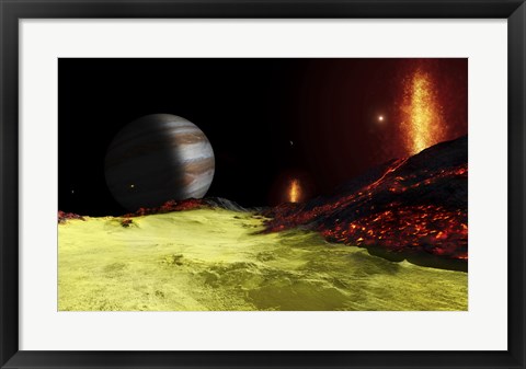 Framed Volcanic activity on Jupiter&#39;s moon Io, with the planet Jupiter visible on the horizon Print
