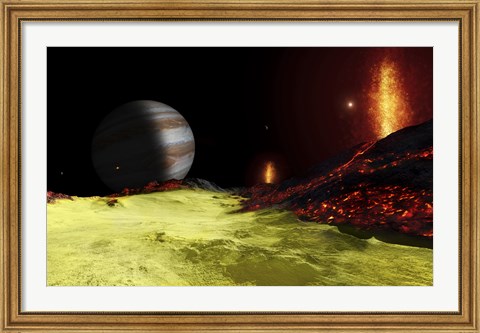 Framed Volcanic activity on Jupiter&#39;s moon Io, with the planet Jupiter visible on the horizon Print