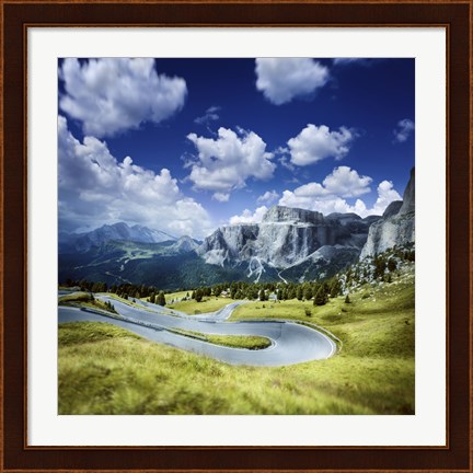 Framed Winding road in a forest of Dolomite Alps, Northern Italy Print