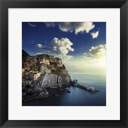 Framed View of Manarola on the rocks at sunset, La Spezia, Liguria, Northern Italy Print