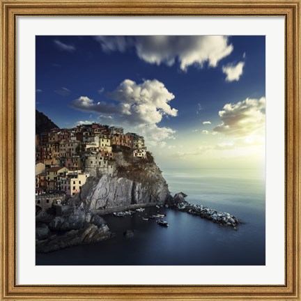 Framed View of Manarola on the rocks at sunset, La Spezia, Liguria, Northern Italy Print