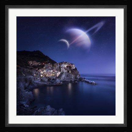 Framed View of Manarola on a starry night with planets, Northern Italy Print