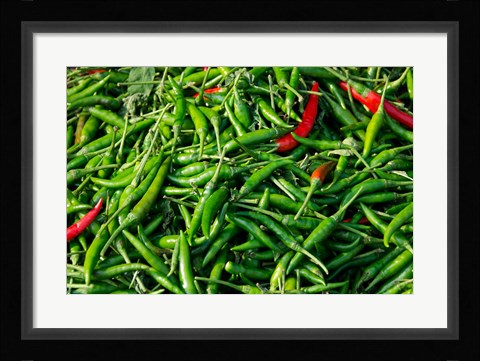 Framed Maeklong railroad tracks market, Thai peppers, Bangkok, Thailand Print