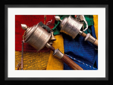 Framed Prayer Wheels and Flags, Lhasa, Tibet Print
