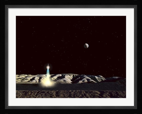 Framed Moonship Lifts Off from the Lunar Hills Print