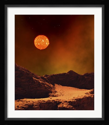 Framed Rugged Planet Landscape Dimly Lit by a Distant Red Star Print