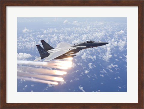 Framed F-15 Eagle Releases Flares over the Pacific Ocean Print