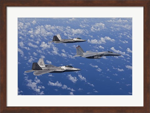 Framed F-15 Eagle and Two F-22 Raptors over Japan Print
