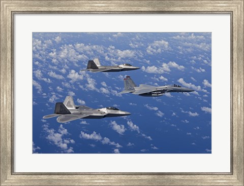 Framed F-15 Eagle and Two F-22 Raptors over Japan Print