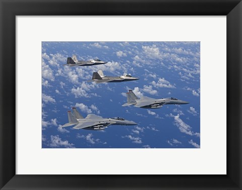 Framed F-15 Eagles and F-22 Raptors Fly in Formation Print