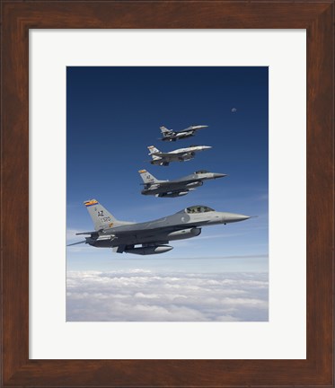 Framed Four F-16&#39;s Fly in Formation During a Training Mission Print