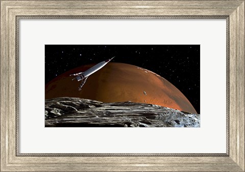 Framed Spaceship in Orbit over Mars Moon, Phobos Print
