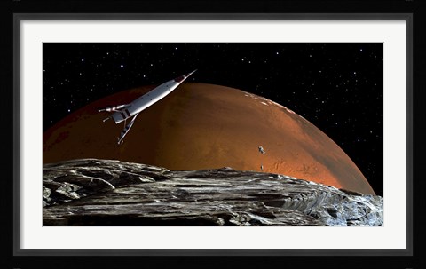 Framed Spaceship in Orbit over Mars Moon, Phobos Print