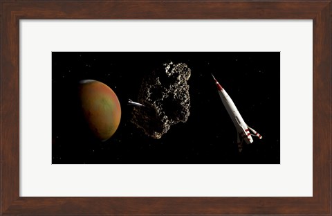 Framed Two 1950&#39;s Styled Spaceships Near Mars and its Moon Deimos Print