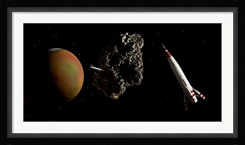 Framed Two 1950's Styled Spaceships Near Mars and its Moon Deimos Print