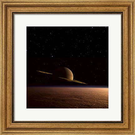 Framed Saturn Floats in the Background Above Titan Print