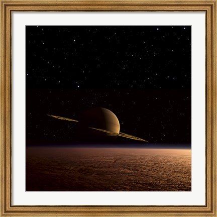 Framed Saturn Floats in the Background Above Titan Print