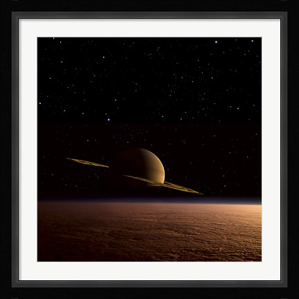 Framed Saturn Floats in the Background Above Titan Print