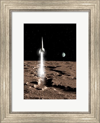 Framed 1950&#39;s view of a Stream-lined Finned Spaceship Beginning its Landing Phase Print