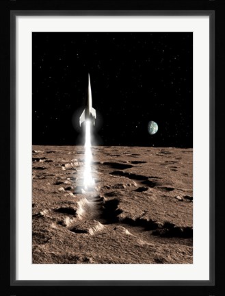 Framed 1950's view of a Stream-lined Finned Spaceship Beginning its Landing Phase Print