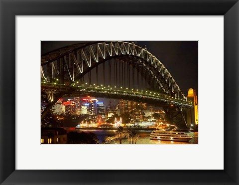 Framed Australia, NSW, Sydney Harbour Bridge, Tour Boat at Night Print