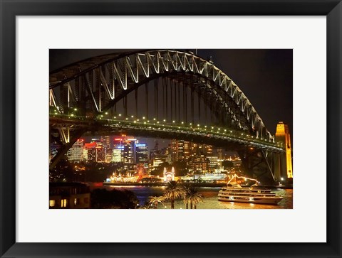 Framed Australia, NSW, Sydney Harbour Bridge, Tour Boat at Night Print
