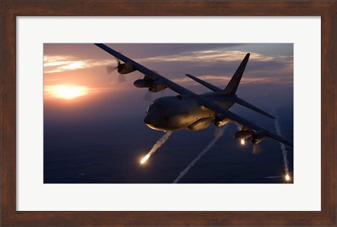 Framed C-130 Hercules Releases Flares over Kansas Print