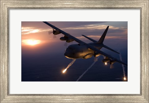 Framed C-130 Hercules Releases Flares over Kansas Print