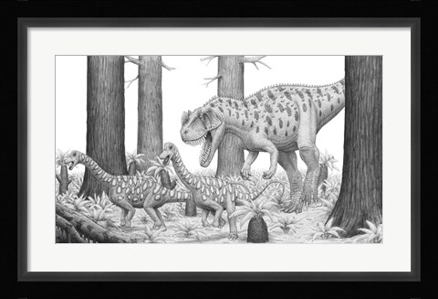 Framed Ceratosaurus Chasing Young Apatosaurus Dinosaurs Print