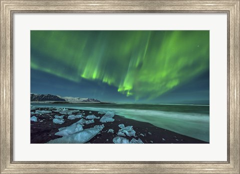 Framed Aurora Borealis over the Ice Beach near Jokulsarlon, Iceland Print