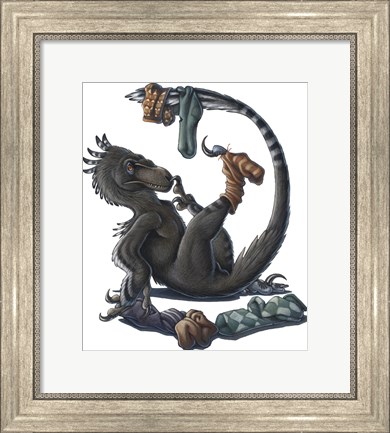 Framed Deinonychus Dinosaur Playing with Socks Print