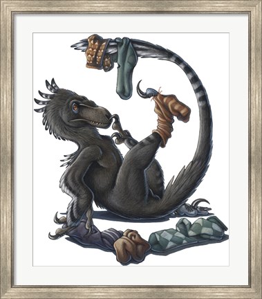 Framed Deinonychus Dinosaur Playing with Socks Print