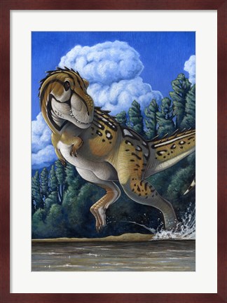 Framed Tyrannosaurus Rex rRunning through Water Print