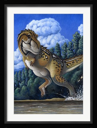 Framed Tyrannosaurus Rex rRunning through Water Print