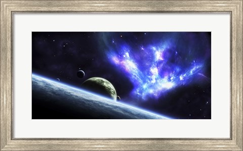 Framed Bird-shaped Nebula Watches over a Group of Planets Print