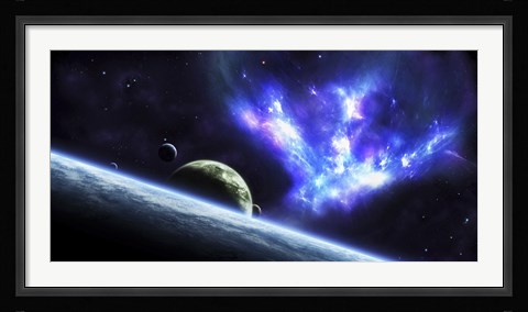 Framed Bird-shaped Nebula Watches over a Group of Planets Print