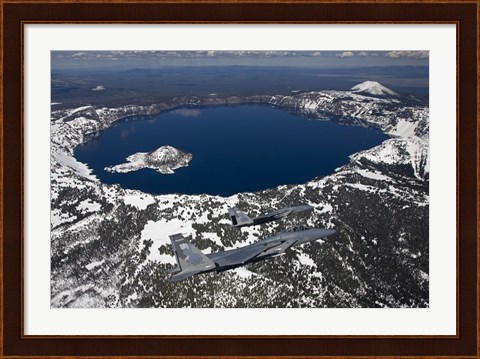 Framed Two F-15 Eagles Fly over Crater Lake in Central Oregon Print