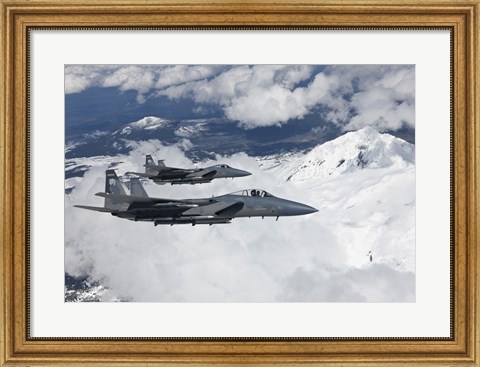 Framed Two F-15 Eagles Fly Past Snow Capped Peaks in Central Oregon Print