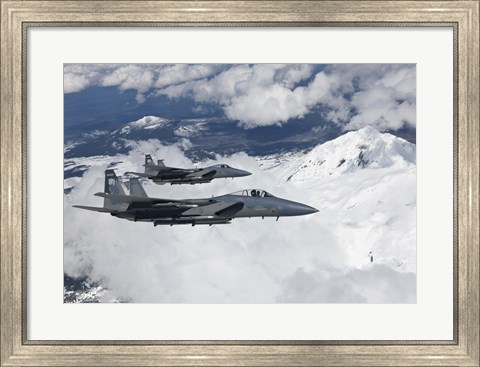 Framed Two F-15 Eagles Fly Past Snow Capped Peaks in Central Oregon Print